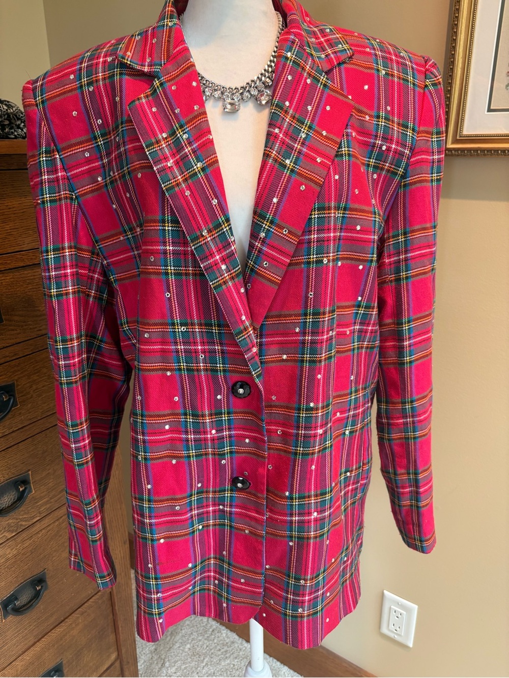 Women's Pink Plaid Blazer with Subtle Embellishments